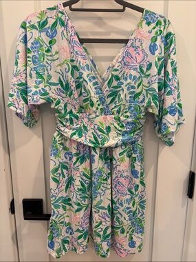 Lilly Pulitzer White Floral Wrap Romper in Blue, Pink & Green